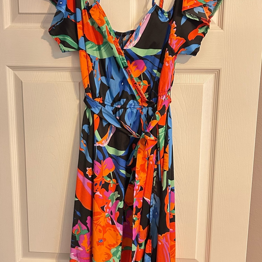 SHEIN Orange and Blue Wrap Maxi Dress with Flutter Sleeves